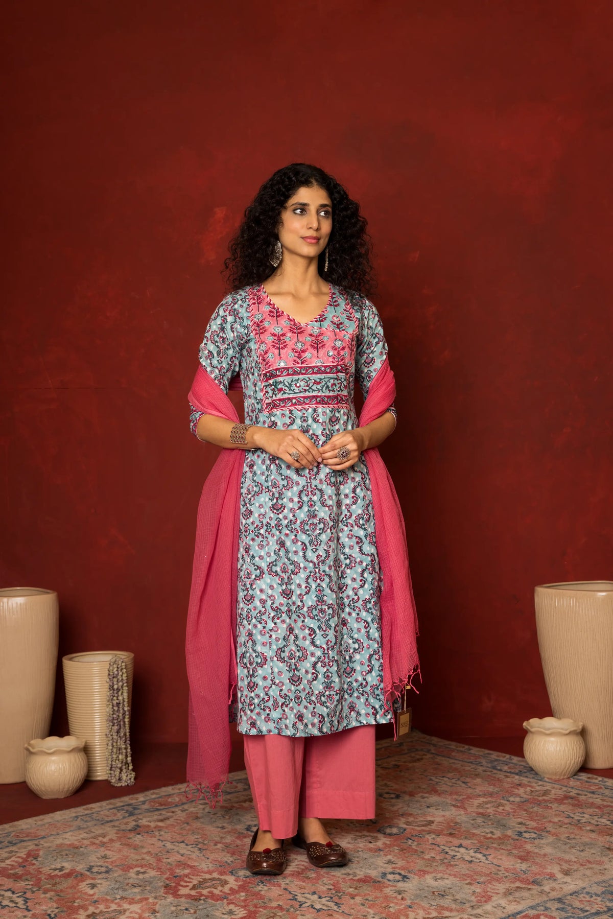 Blue Cotton handblock angrakha Mirror and sequence work kurta for women's