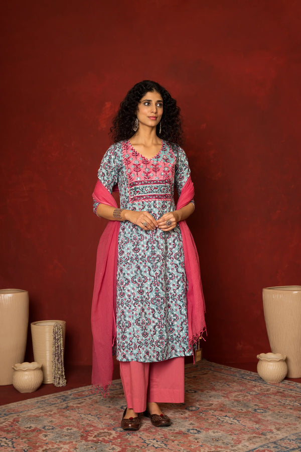 Blue Cotton handblock angrakha Mirror and sequence work kurta for women's