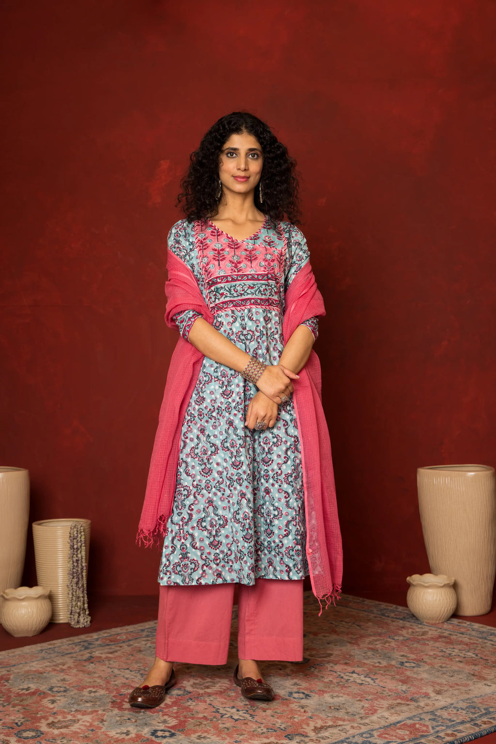 Blue Cotton handblock angrakha Mirror and sequence work kurta for women's