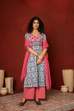 Blue Cotton handblock angrakha Mirror and sequence work kurta for women's