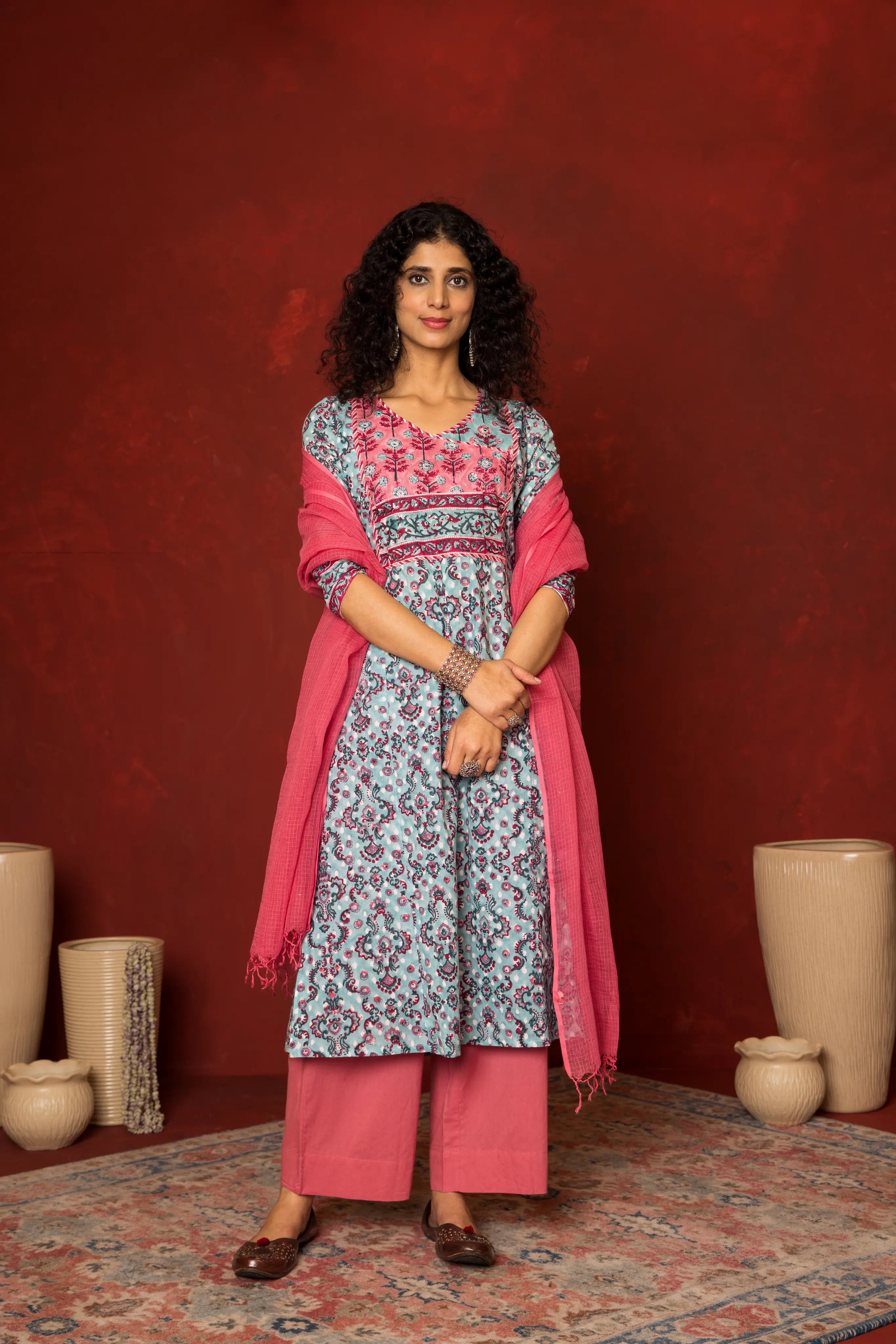 Blue Cotton handblock angrakha Mirror and sequence work kurta for women's