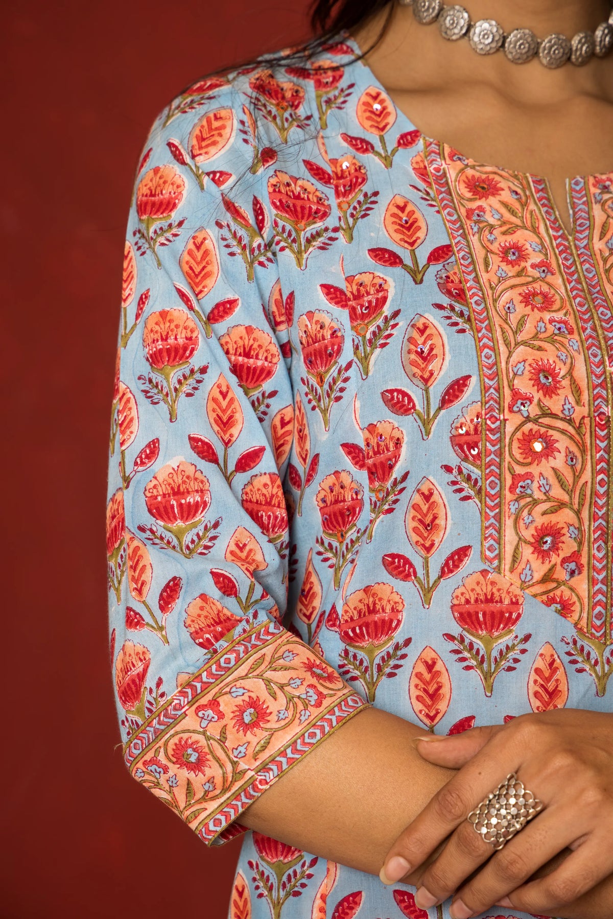 Blue Cotton round neck handblock Mirror and sequence work kurta for women's