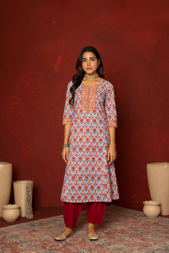 Blue Cotton round neck handblock Mirror and sequence work kurta for women's