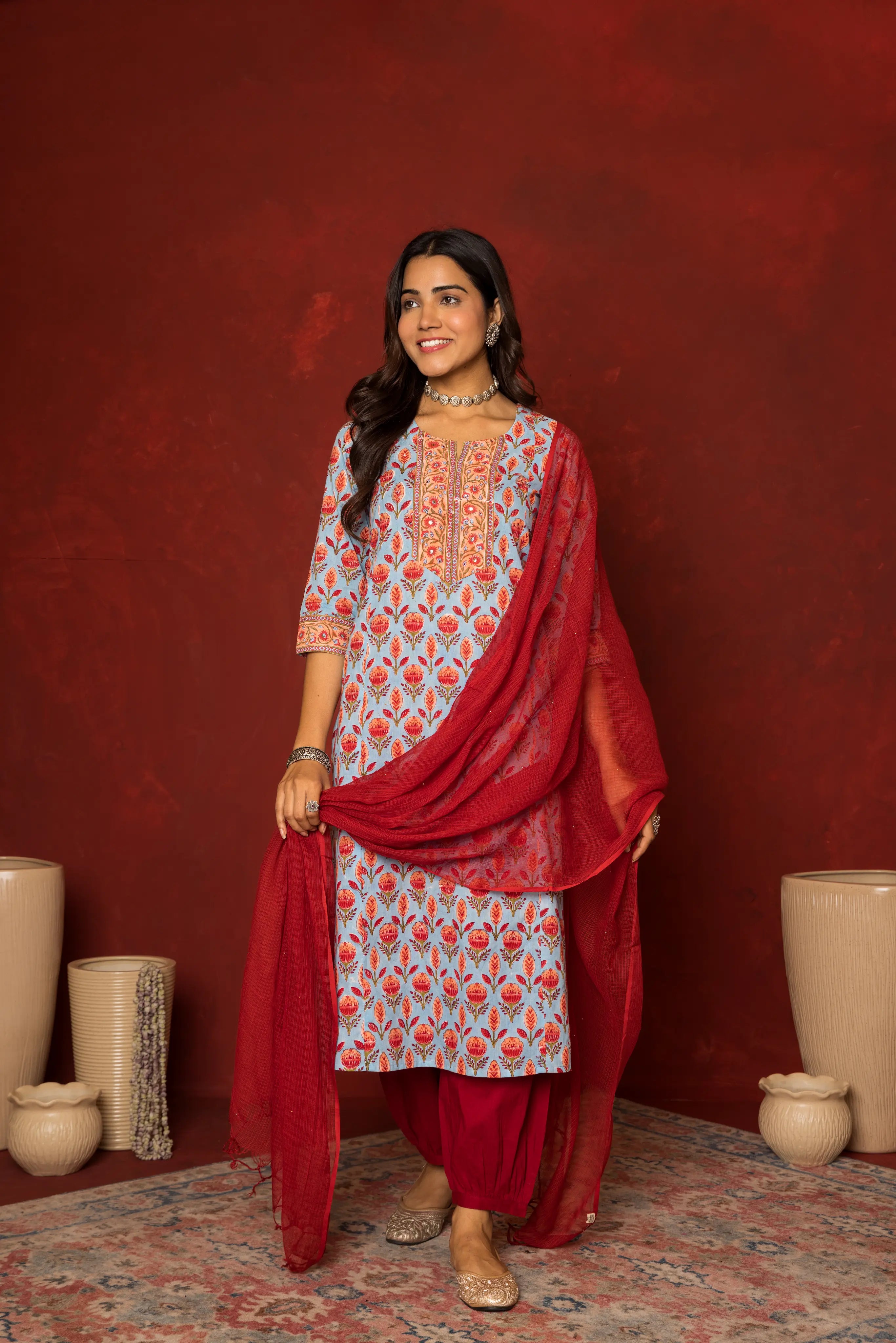 Blue Cotton round neck handblock Mirror and sequence work kurta for women's