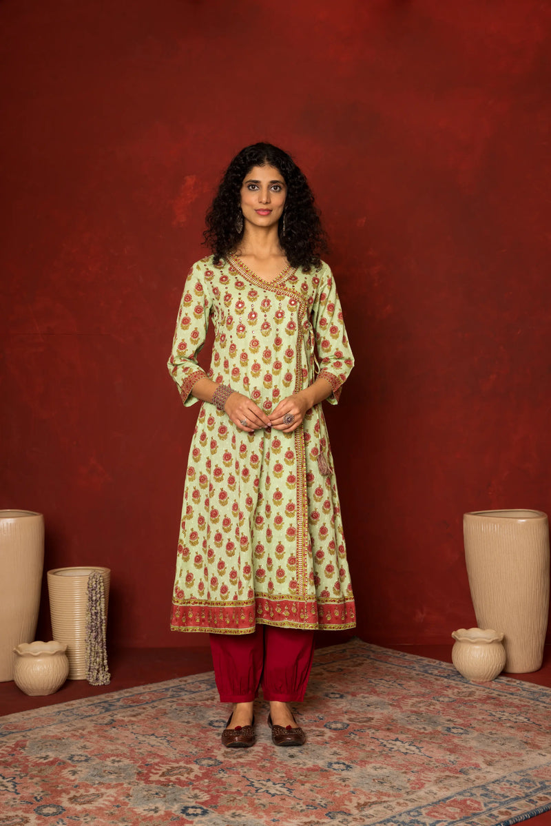 Green Cotton Angrakha handblock Mirror and sequence work kurta for women's