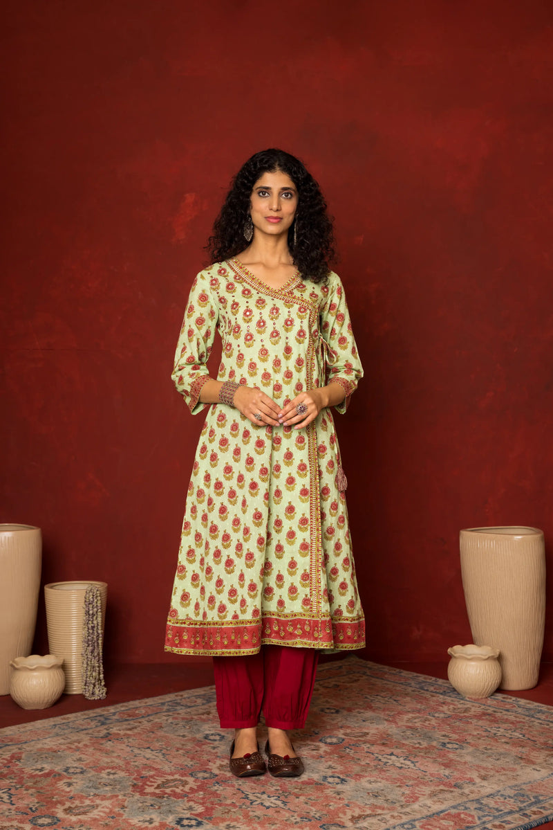 Green Cotton Angrakha handblock Mirror and sequence work kurta for women's