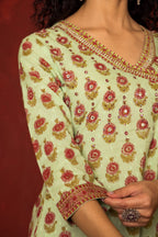 Green Cotton Angrakha handblock Mirror and sequence work kurta for women's