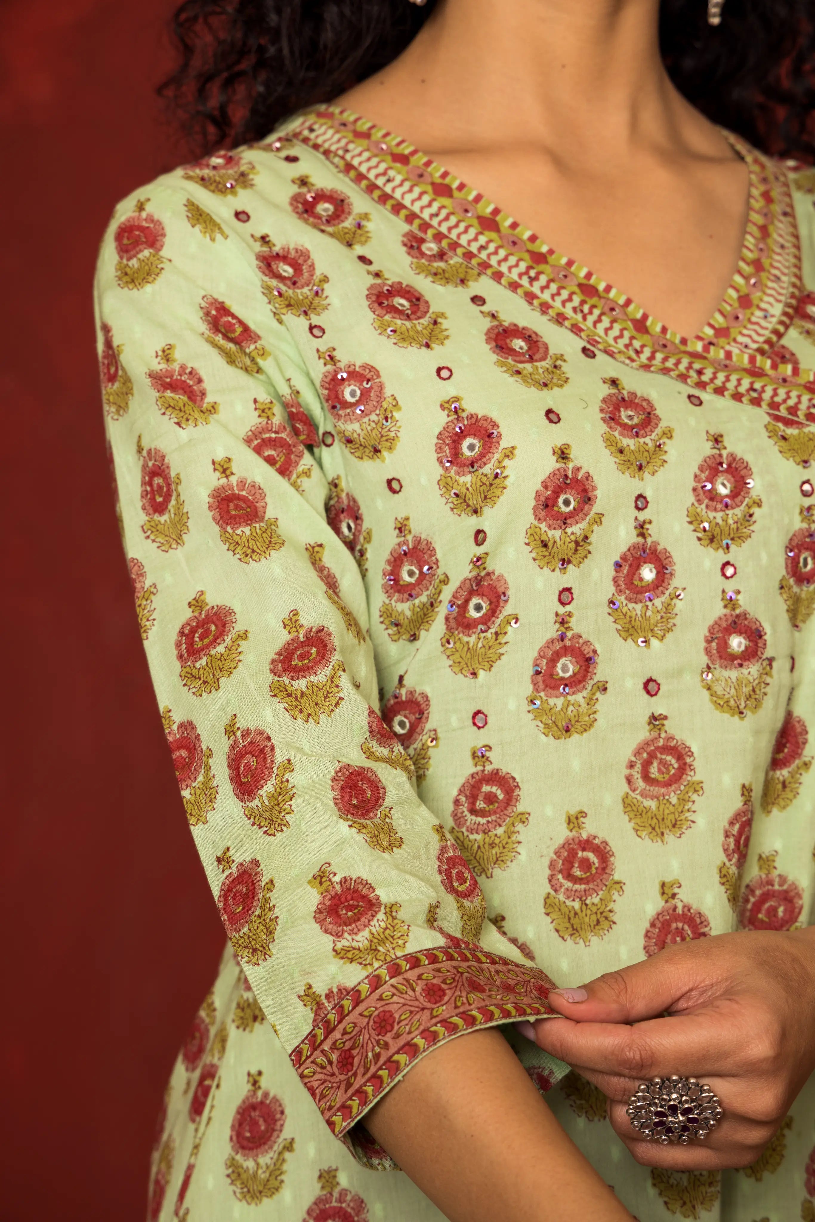 Green Cotton Angrakha handblock Mirror and sequence work kurta for women's