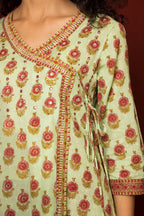 Green Cotton Angrakha handblock Mirror and sequence work kurta for women's