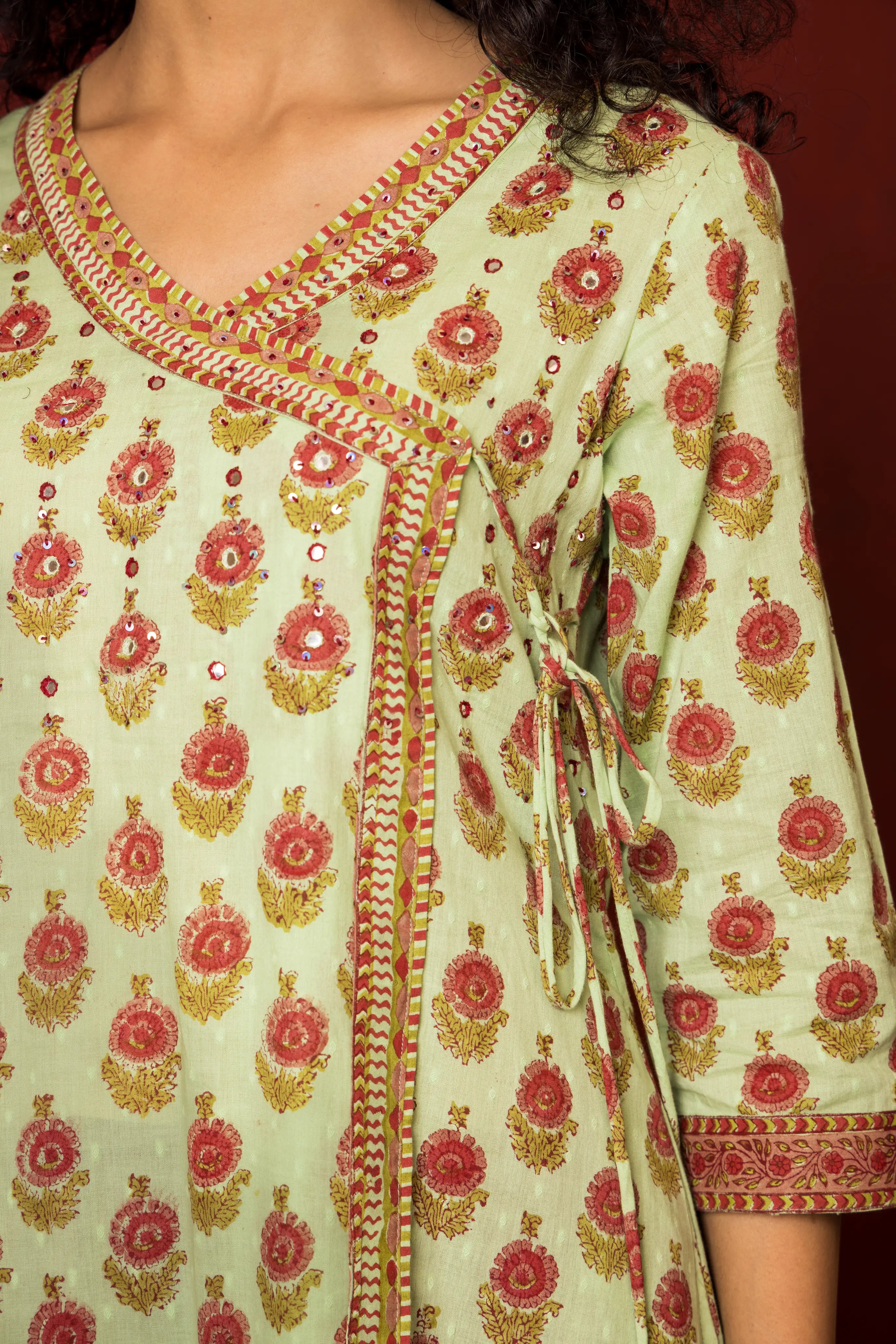 Green Cotton Angrakha handblock Mirror and sequence work kurta for women's