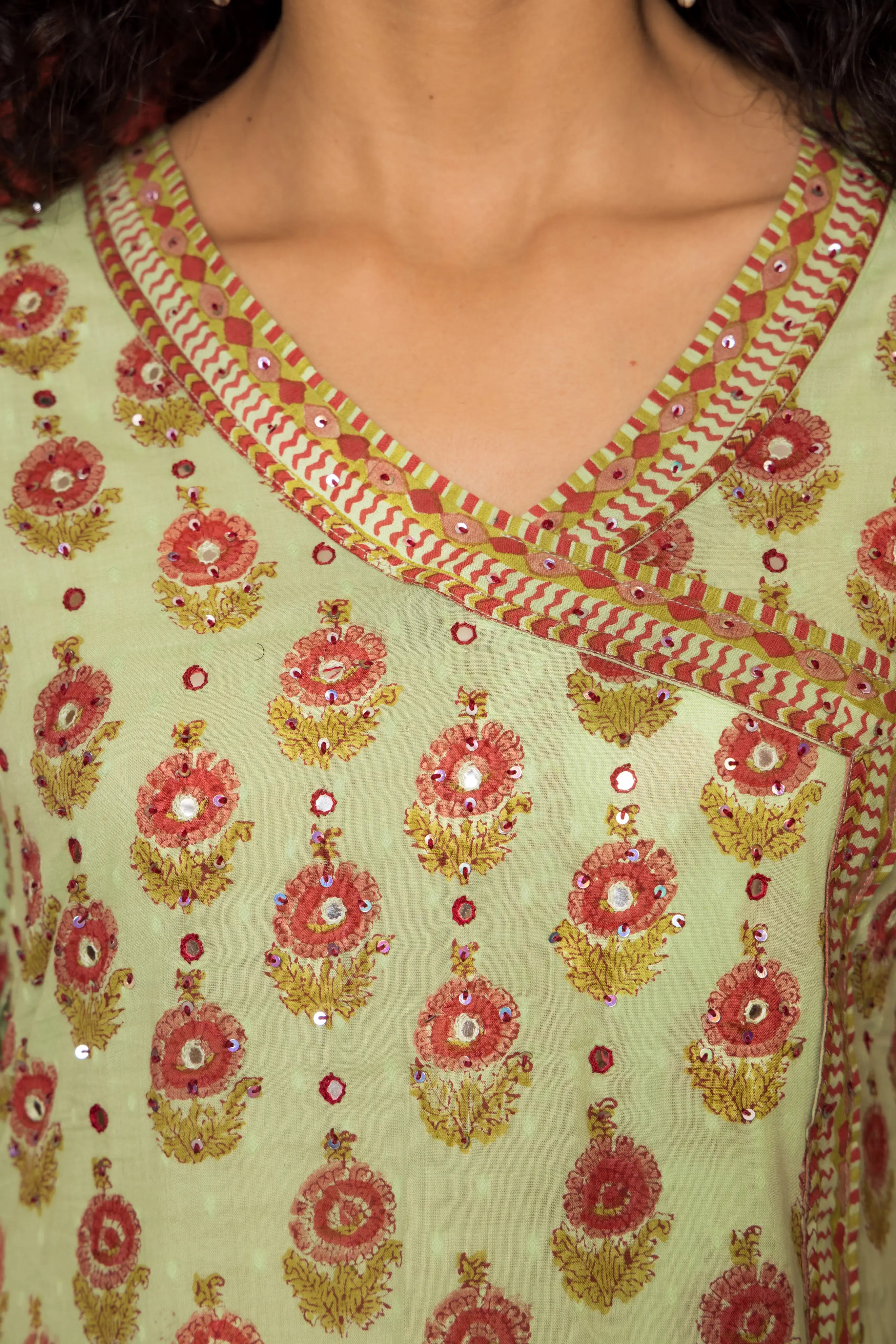Green Cotton Angrakha handblock Mirror and sequence work kurta for women's