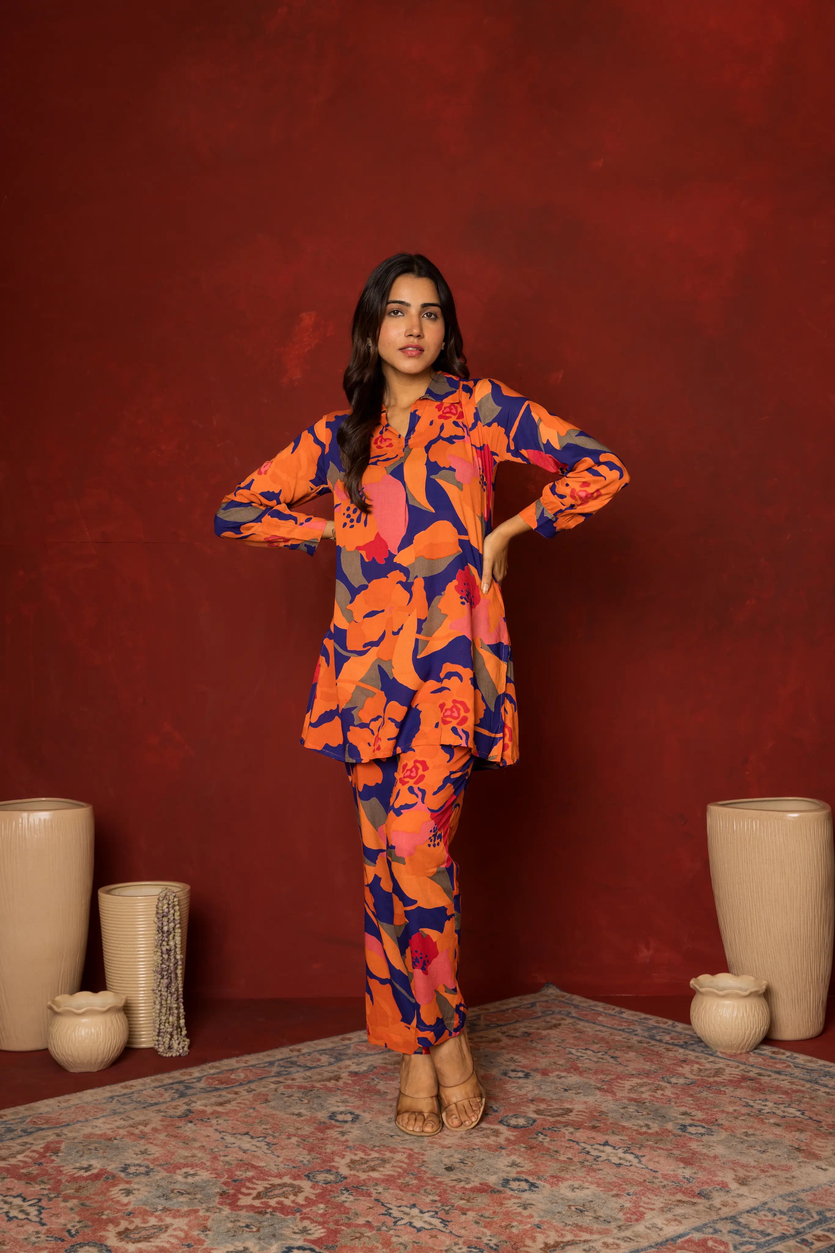 Multicolored Muslin Collar Neck Floral Print Co-Ord Set For Women's