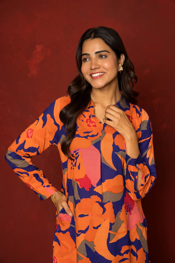 Multicolored Muslin Collar Neck Floral Print Co-Ord Set For Women's