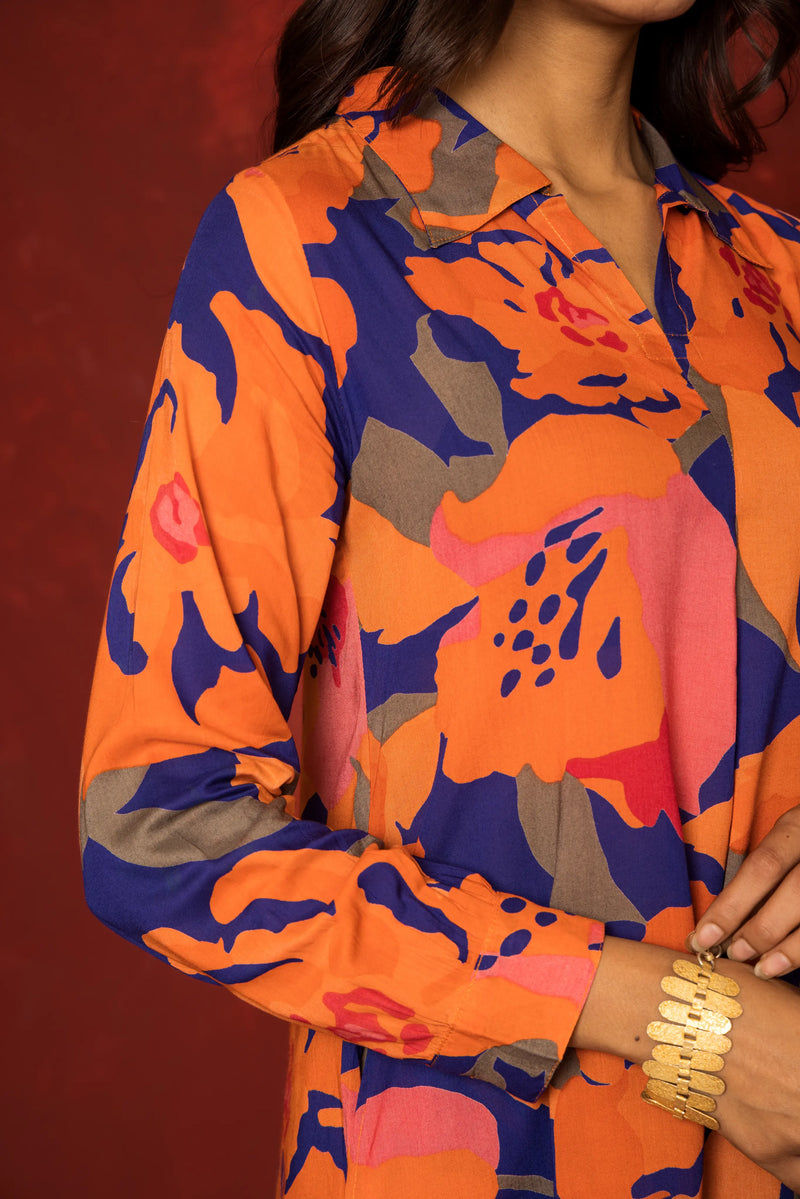 Multicolored Muslin Collar Neck Floral Print Co-Ord Set For Women's