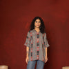 Grey With Multicoloured Cotton Modal Collar Abstrack Short Top For Women's