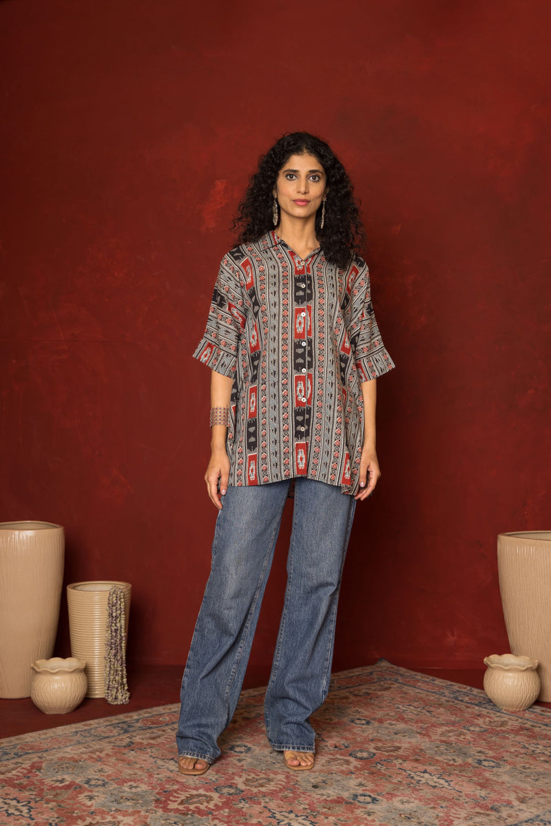 Grey With Multicoloured Cotton Modal Collar Abstrack Short Top For Women's