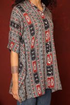 Grey With Multicoloured Cotton Modal Collar Abstrack Short Top For Women's