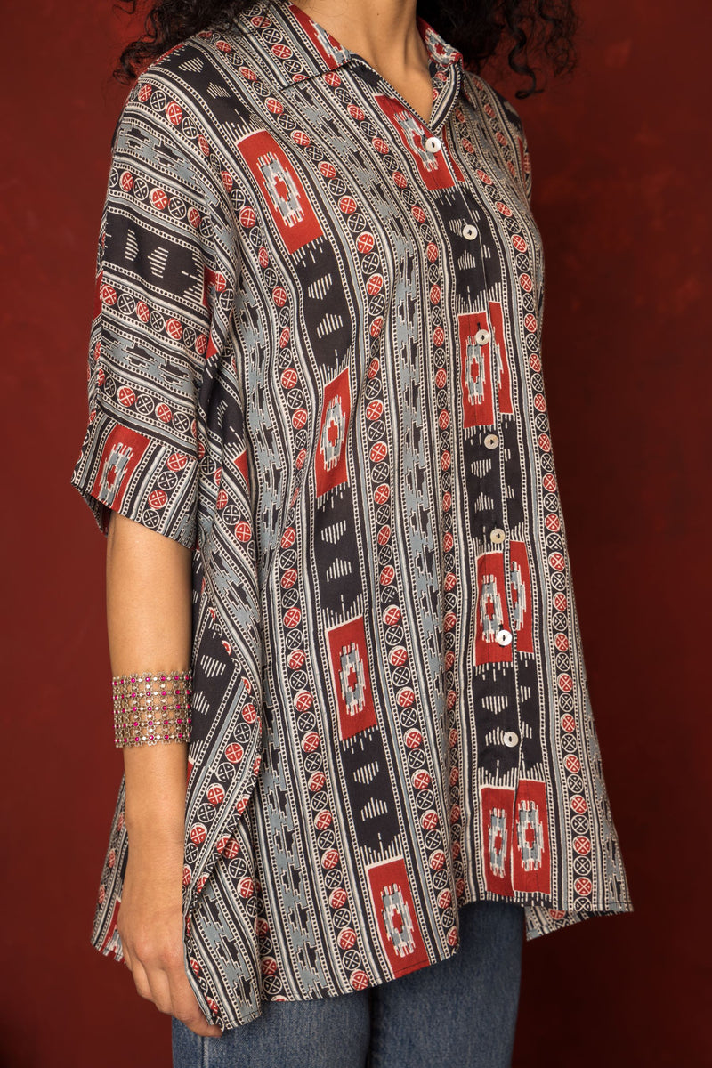 Grey With Multicoloured Cotton Modal Collar Abstrack Short Top For Women's