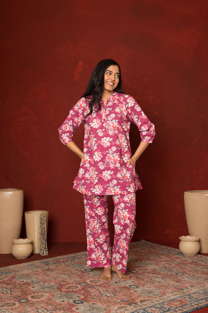 Pink Cotton Floral Printed Co-Ord Set For Women's