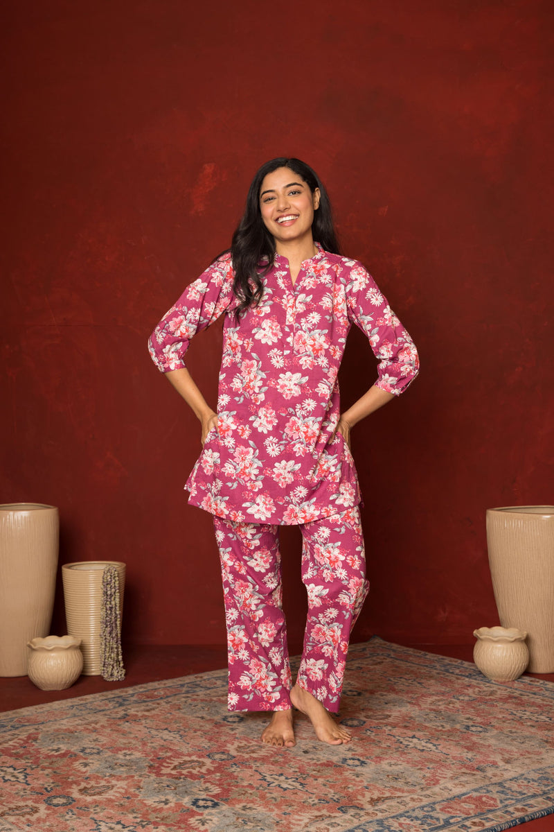 Pink Cotton Floral Printed Co-Ord Set For Women's