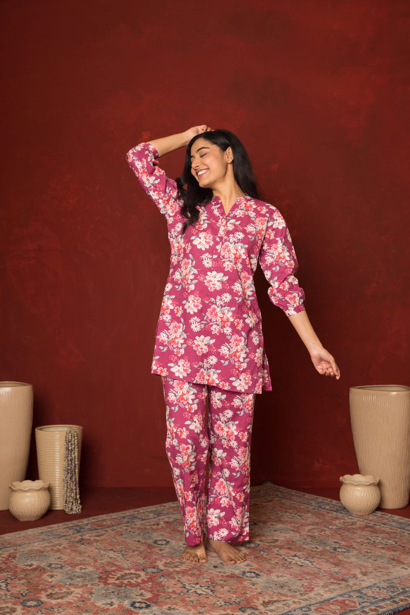 Pink Cotton Floral Printed Co-Ord Set For Women's
