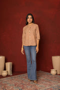 Beige Cotton Collar Handblock Short Top For Women's