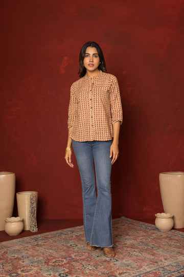 Beige Cotton Collar Handblock Short Top For Women's