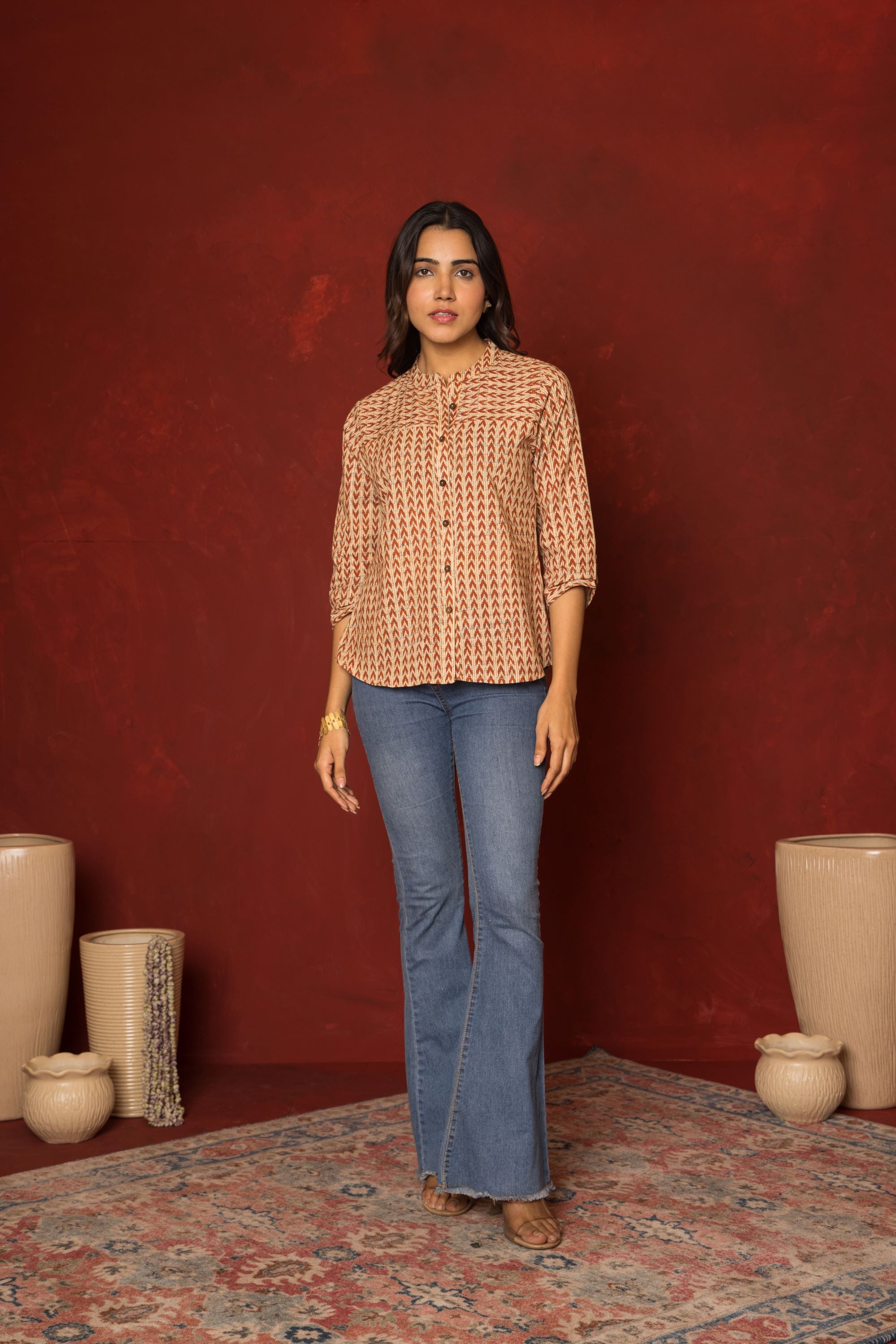 Beige Cotton Collar Handblock Short Top For Women's