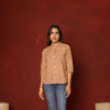 Beige Cotton Collar Handblock Short Top For Women's