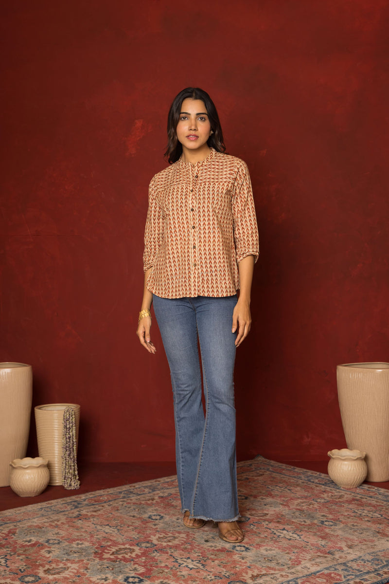 Beige Cotton Collar Handblock Short Top For Women's