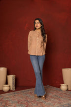 Beige Cotton Collar Handblock Short Top For Women's