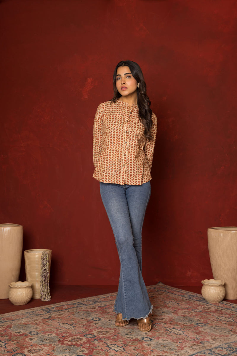 Beige Cotton Collar Handblock Short Top For Women's