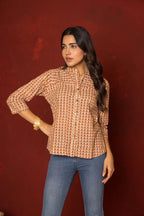 Beige Cotton Collar Handblock Short Top For Women's