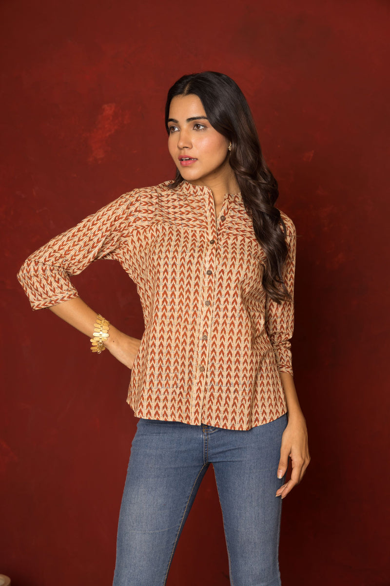 Beige Cotton Collar Handblock Short Top For Women's