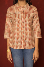 Beige Cotton Collar Handblock Short Top For Women's