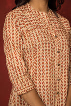 Beige Cotton Collar Handblock Short Top For Women's