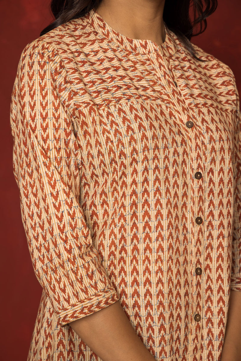 Beige Cotton Collar Handblock Short Top For Women's