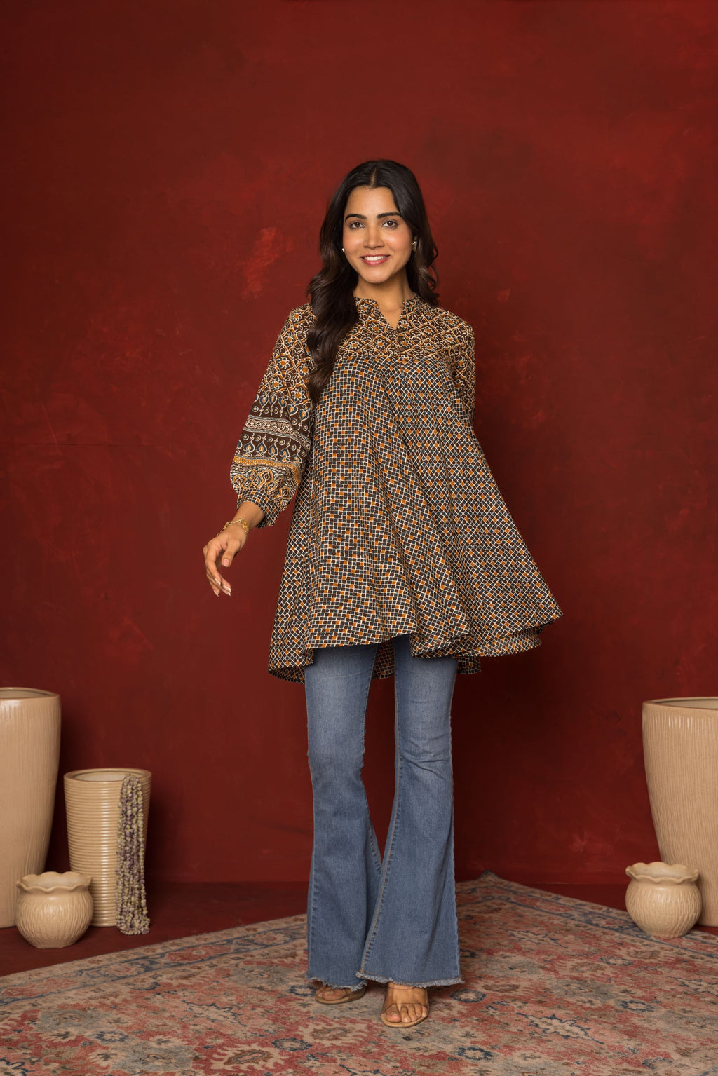 Brown Cotton Modal Collar Geometrical Short Top For Women's