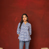 Blue Cotton Collar Neck Handblock Short Top For women's