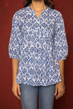 Blue Cotton Collar Neck Handblock Short Top For women's