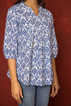 Blue Cotton Collar Neck Handblock Short Top For women's