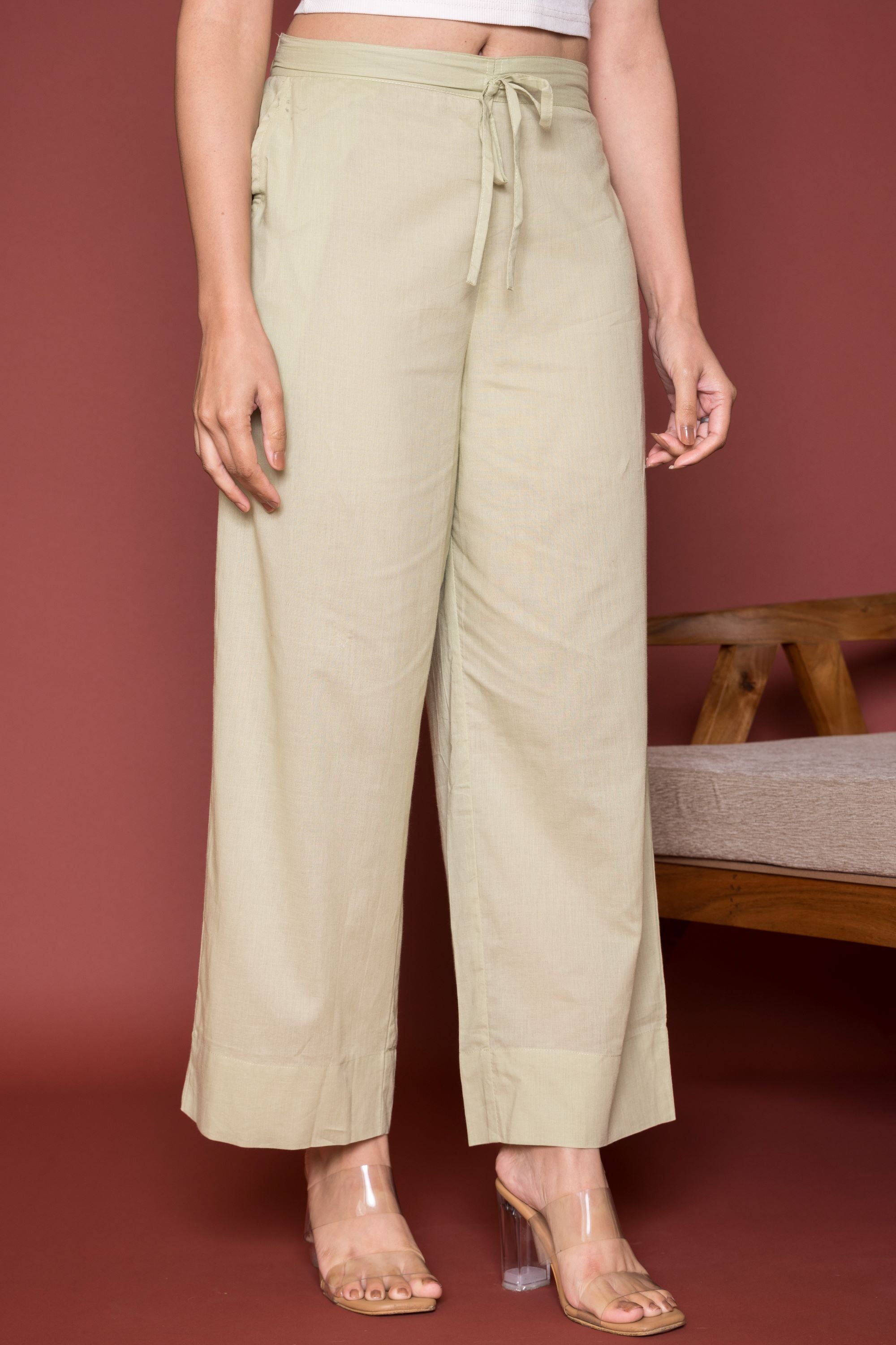 Pista Green Cotton Palazzo For Women