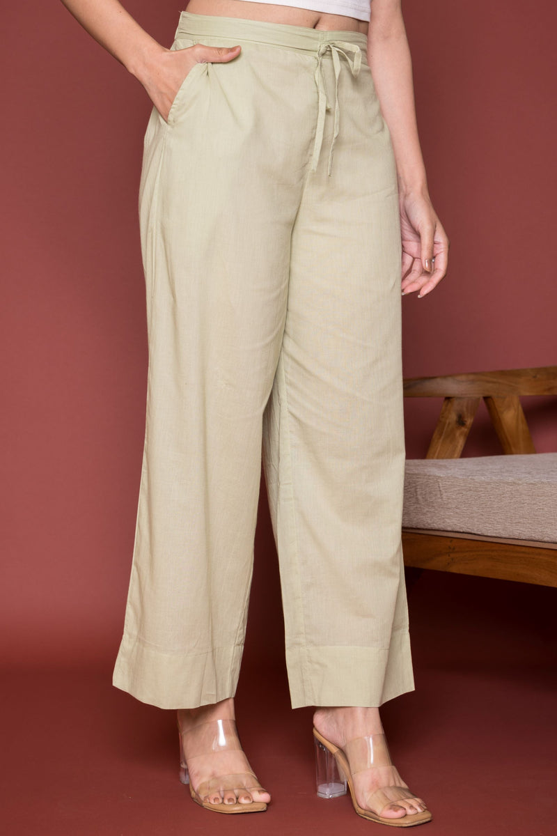 Pista Green Cotton Palazzo For Women