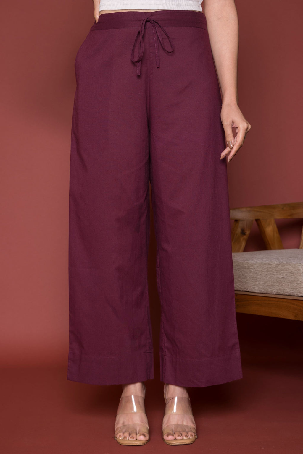 Wine Cotton Palazzo For Women's