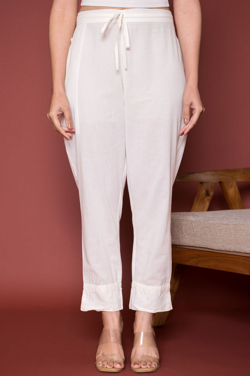 Off White Cotton Print Pant For Women's