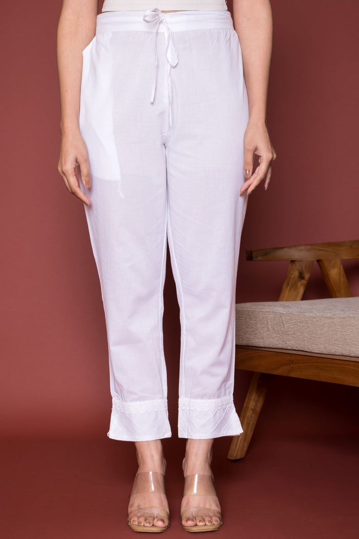 White Cotton Print Pant For Women's