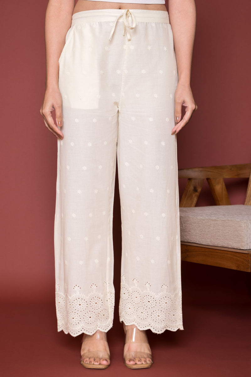 Cream Cotton Embroidery And Shiffly Work Bottom Pallazo