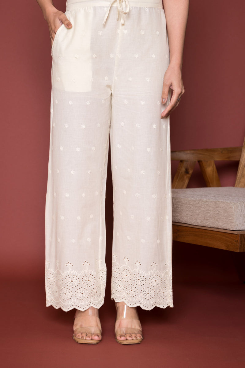 Cream Cotton Embroidery And Shiffly Work Bottom Pallazo