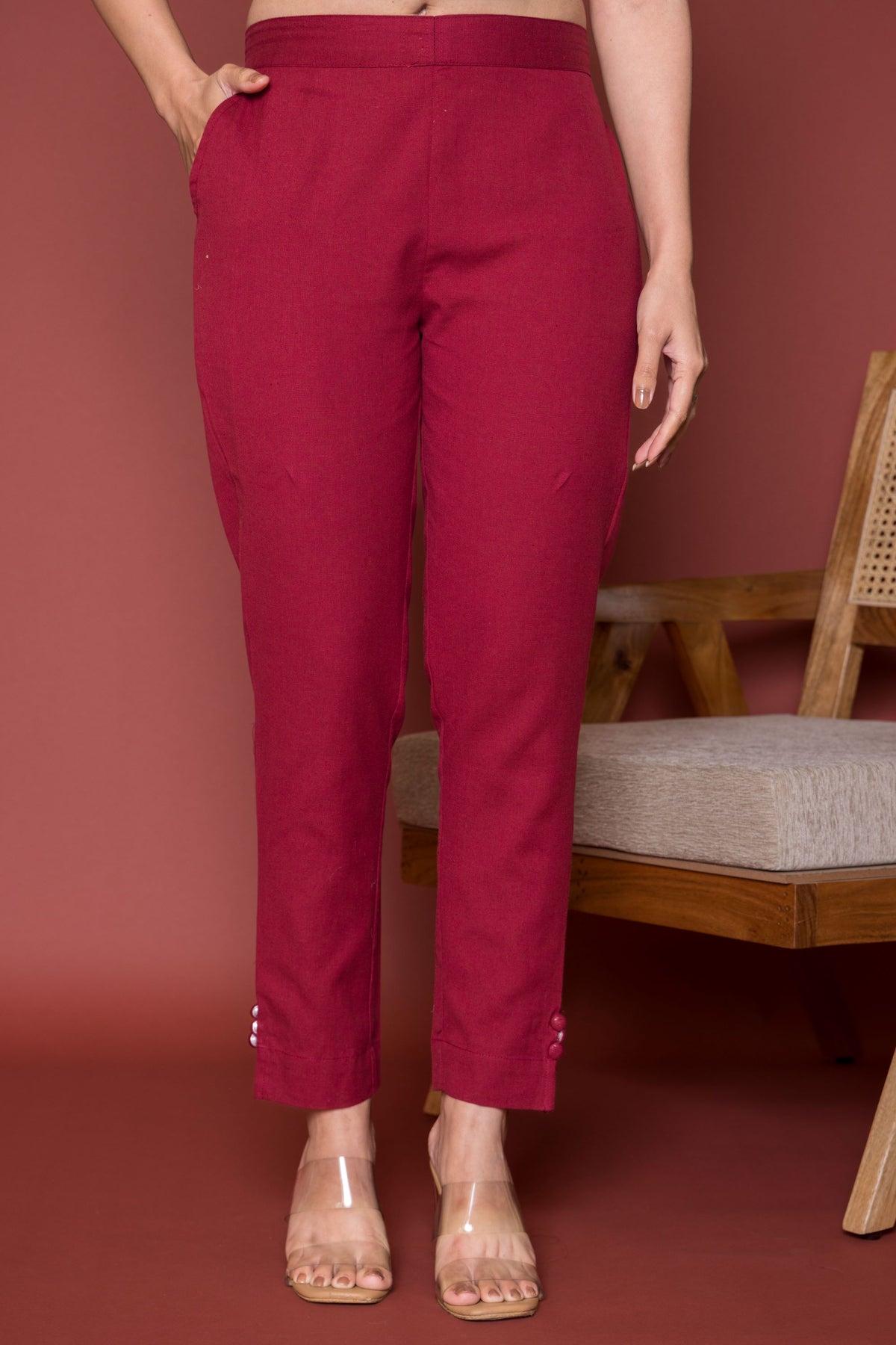 Maroon Cotton Flax Button Straight Pants For Women's