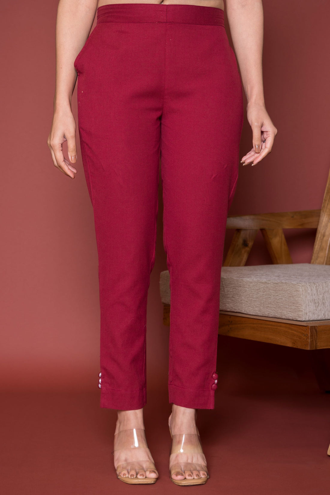 Maroon Cotton Flax Button Straight Pants For Women's